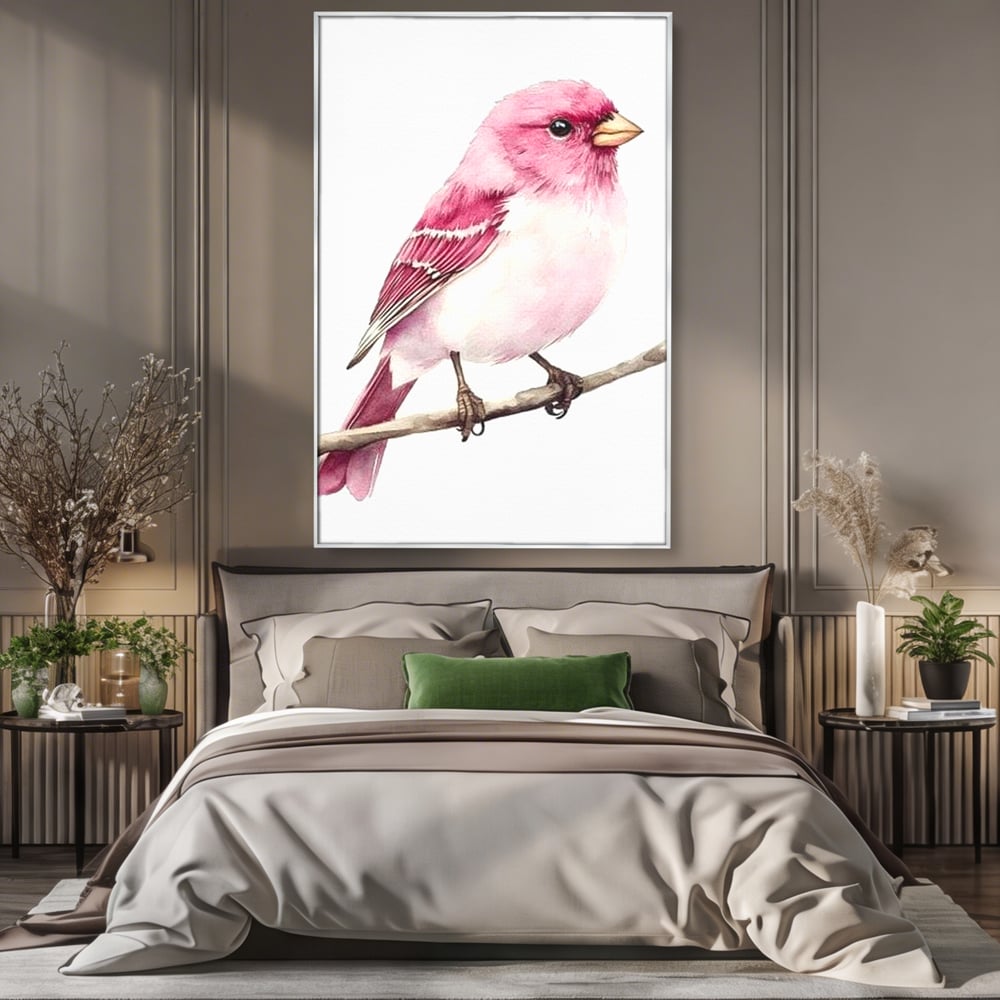 Tablou canvas cu tablou canvas cu pasare roz pe creanga, in rama de aluminiu argintiu, pe perete intr-un dormitor